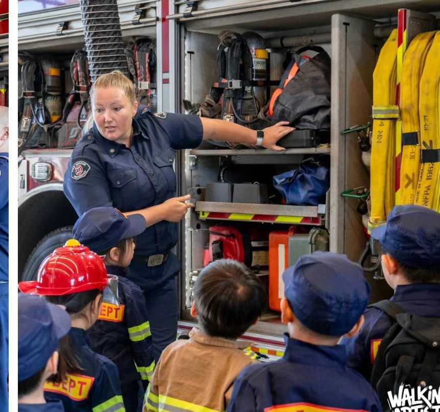 Children learning about fire rescue equipment
