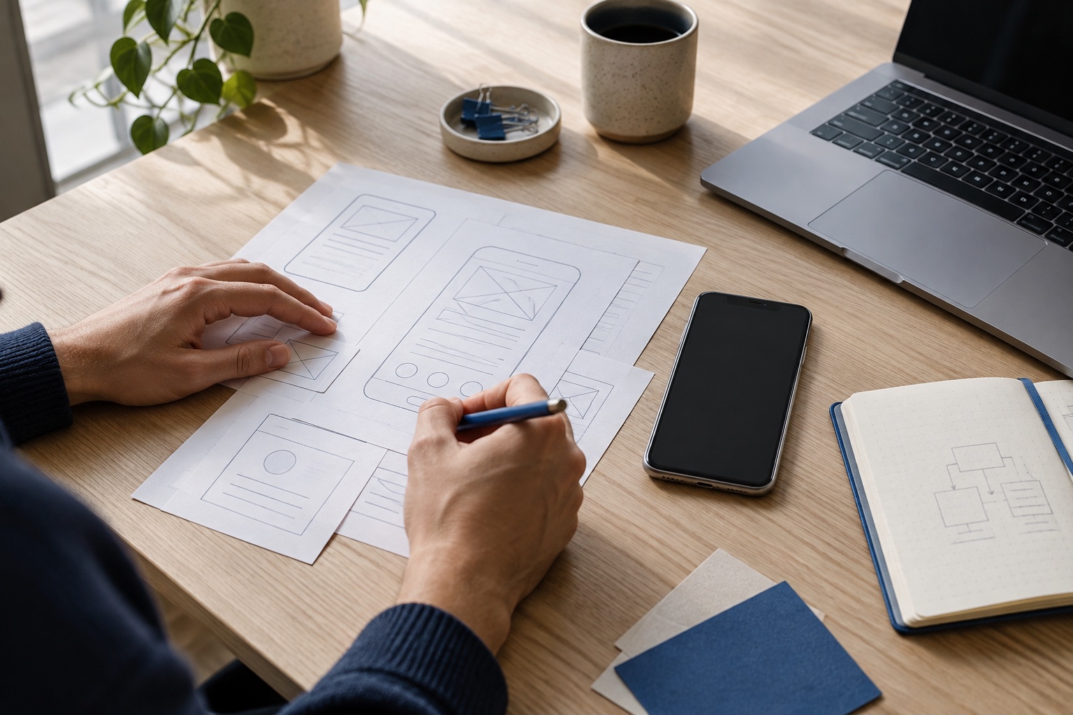 Product designer refining a mobile experience with paper wireframes