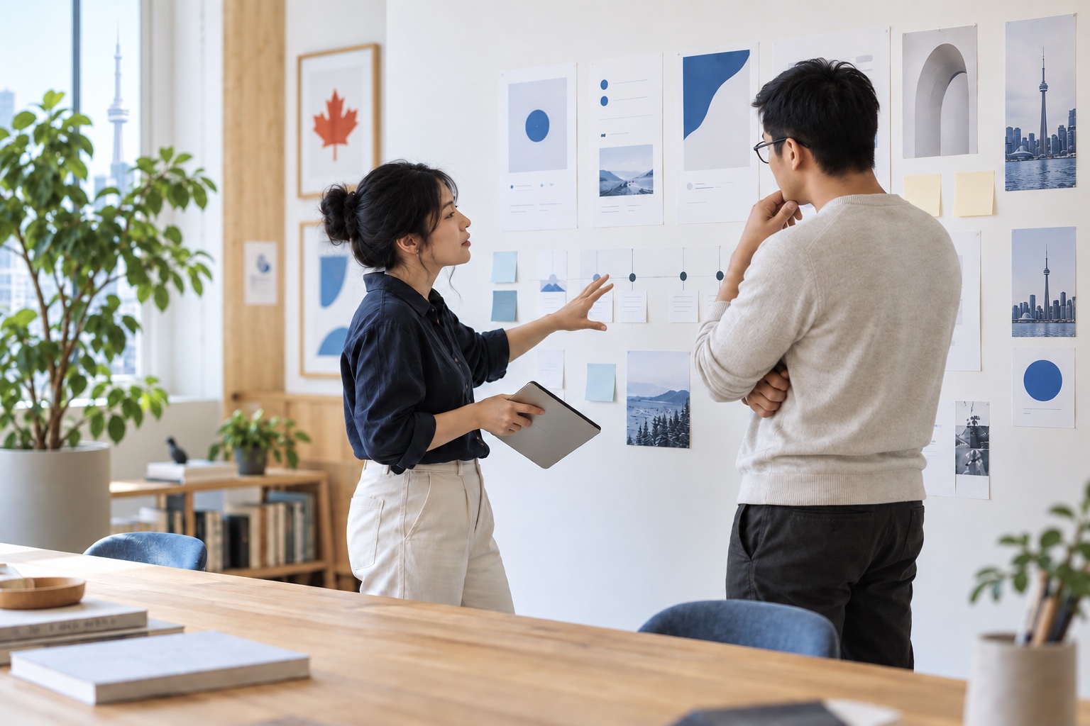 Chinese Canadian product team reviewing a digital experience in a bright Toronto studio